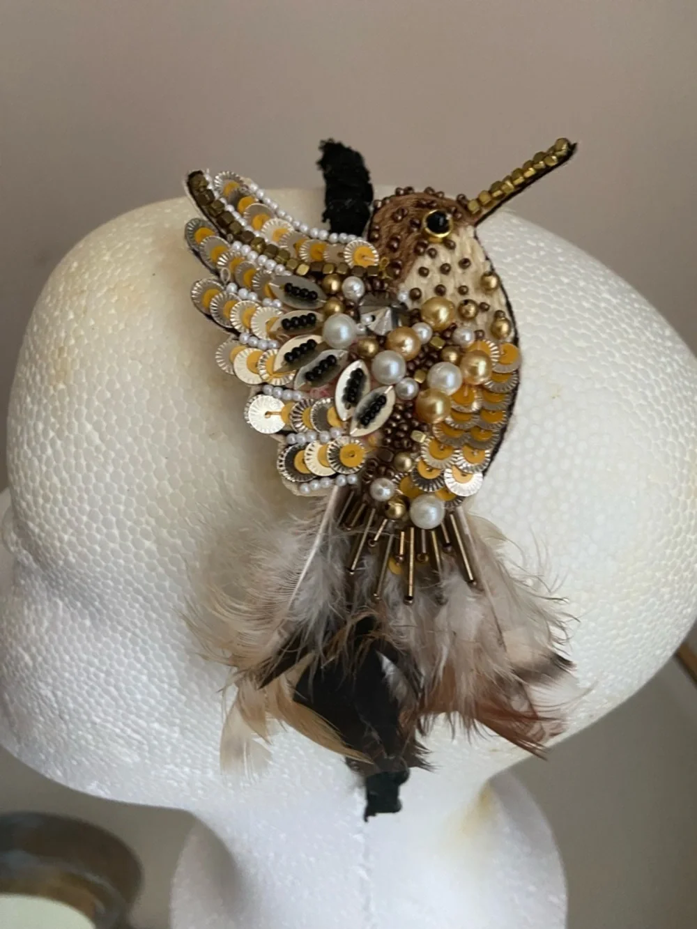 NWOT Handmade Beaded Gold & Brown Hummingbird Feather Headband